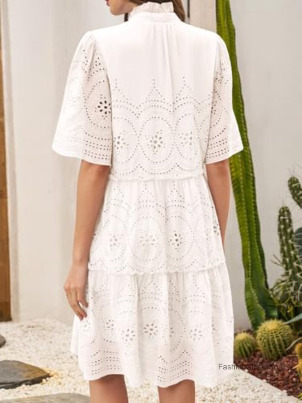 Women's Eyelet Babydoll Dress Short Sleeve V Neck Lace Ruffle Tiered Mini Casual - Picture 2 of 6